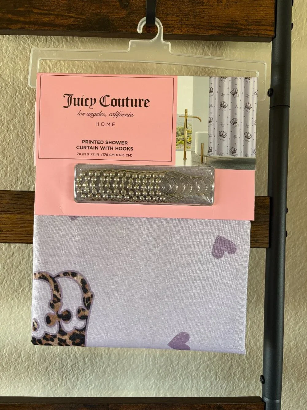 Juicy Couture Home Cheetah Crown Shower Curtain Hooks 70x72 NWT
